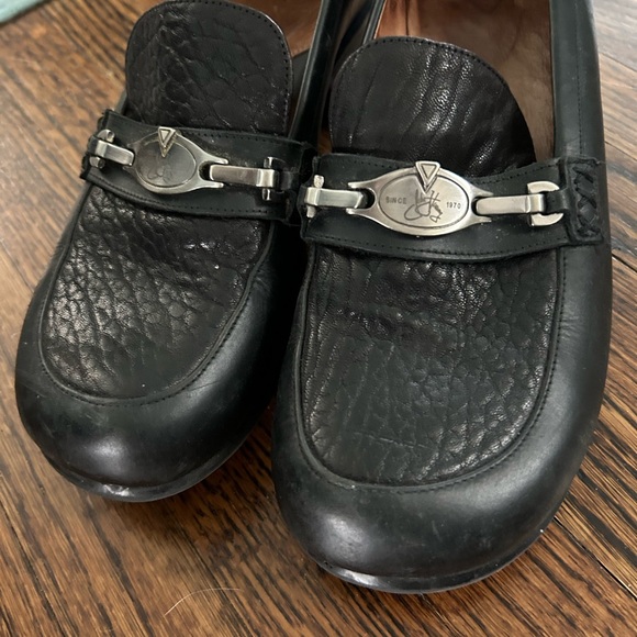John Fluevog Shoes - Black Leather Heels with Silver Buckle